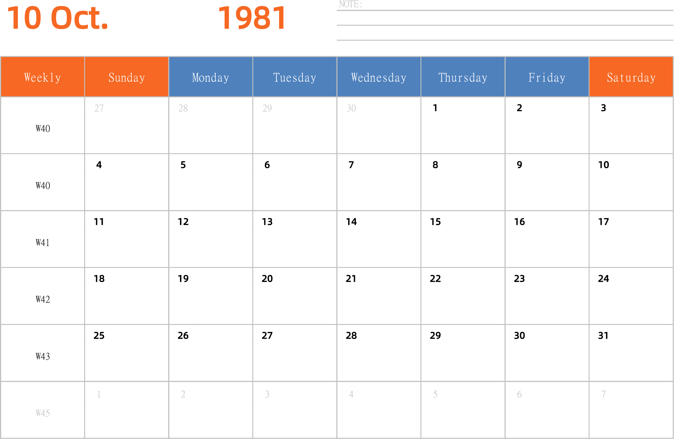 日历表1981年日历 英文版 横向排版 周日开始 带周数